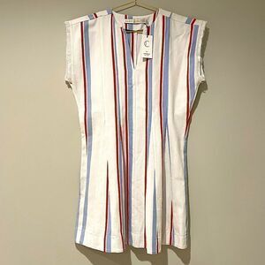 NWT Marie Oliver Red White and Blue Striped Pleated V Neck Dress Sz. XS